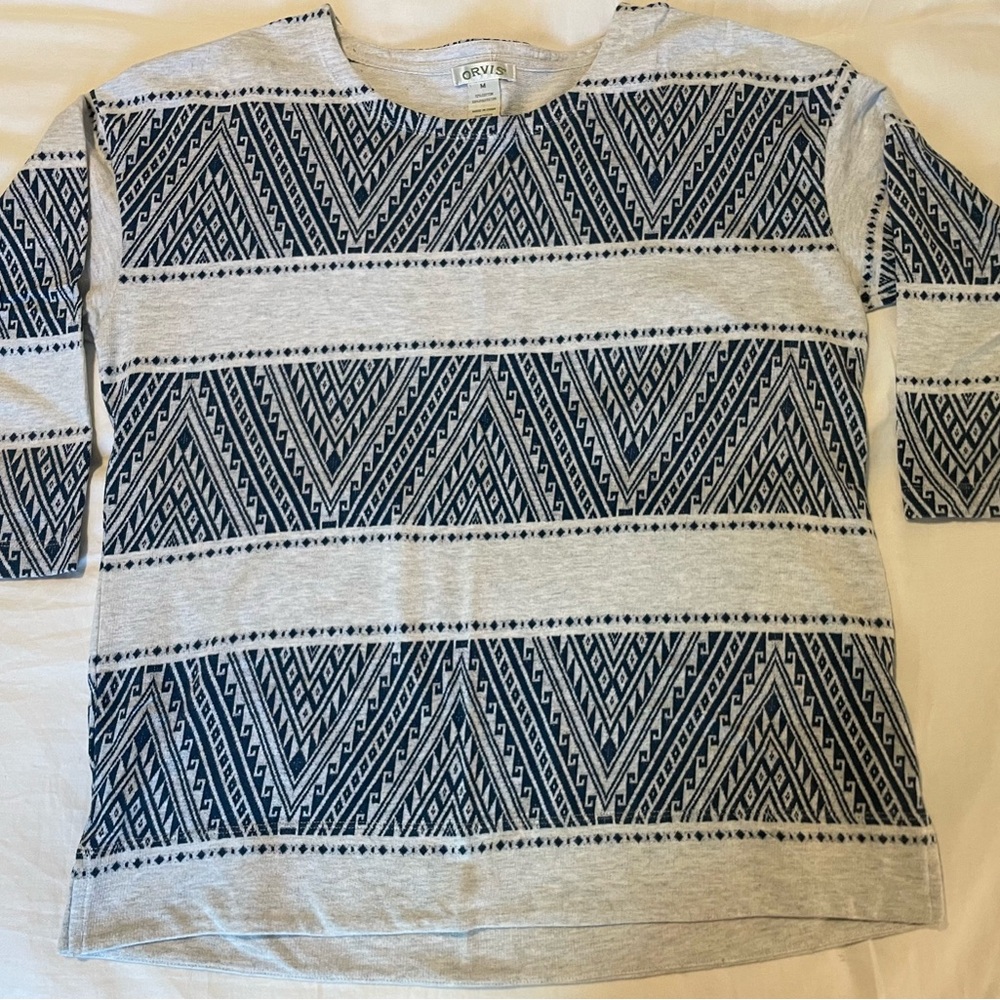 Orvis Lightweight 3/4 Sleeve Crew Top, Heather Gray with Navy pattern